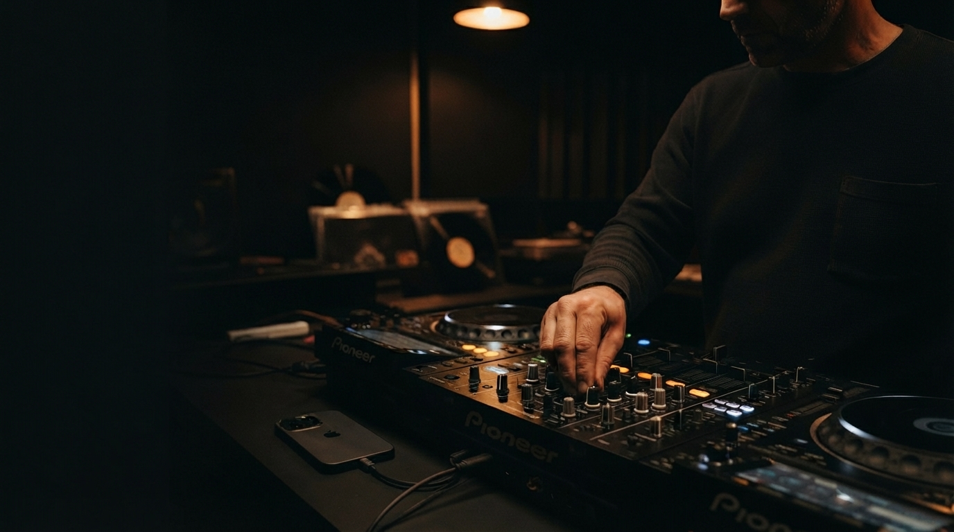 DJ working at a Pioneer mixer in a dark studio